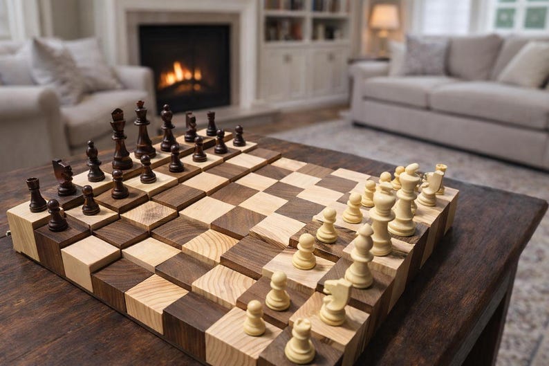 Puede incluir: Un juego de ajedrez de madera con cuadrados de madera marr&oacute;n oscuro y clara. Las piezas del ajedrez son de color marr&oacute;n oscuro y crema. El tablero est&aacute; sobre una mesa de madera marr&oacute;n oscuro. El fondo muestra una sala de estar con chimenea y muebles.