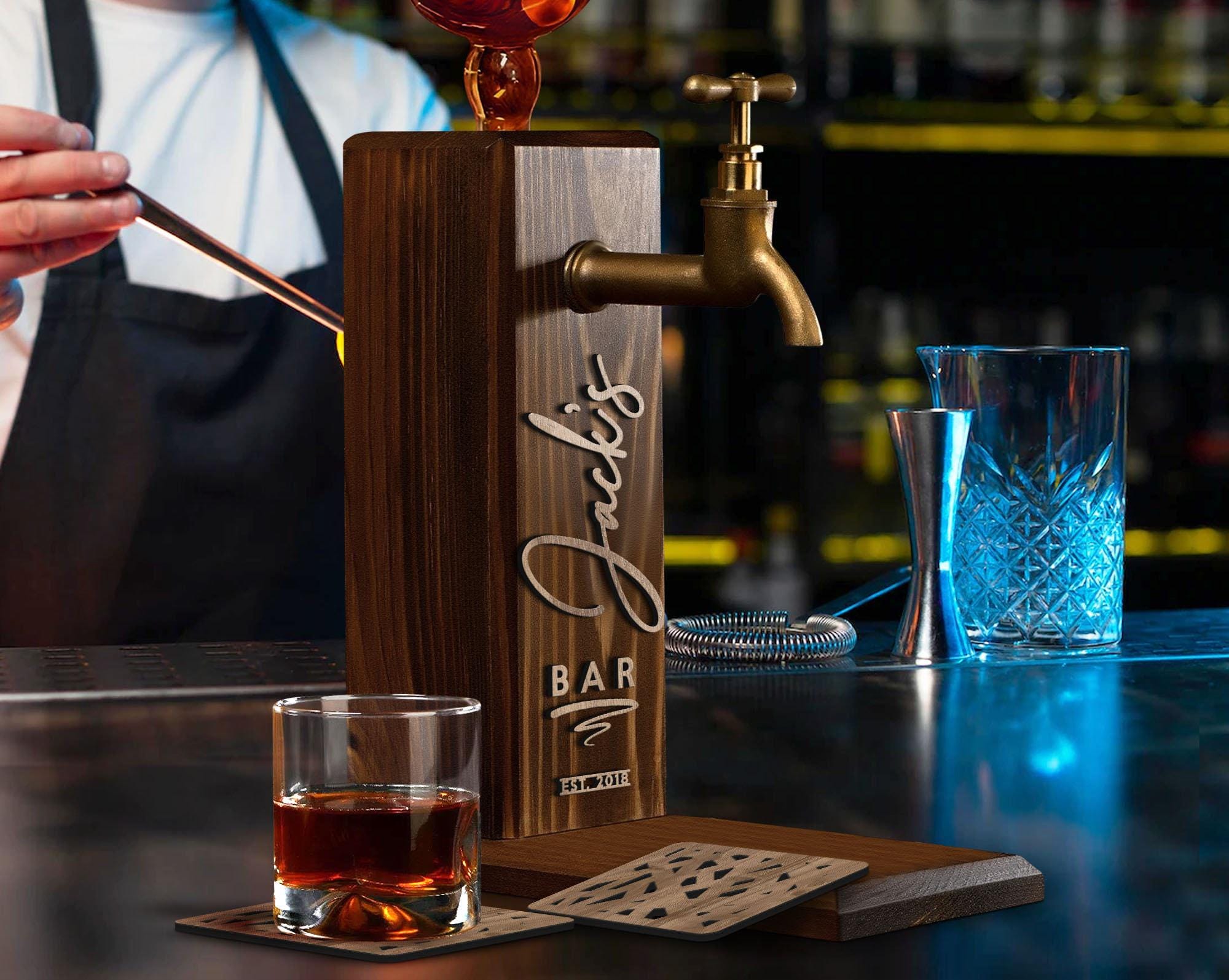 Personalized Embossed Named Wooden Whiskey Dispenser and Wood Coasters Set, Bar, Pub, Wine, Vodka, Liquor Dispenser, Wood Whiskey Fountain