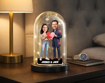 Custom Anniversary Couple Caricature Glass Dome LED Night Light Gift
