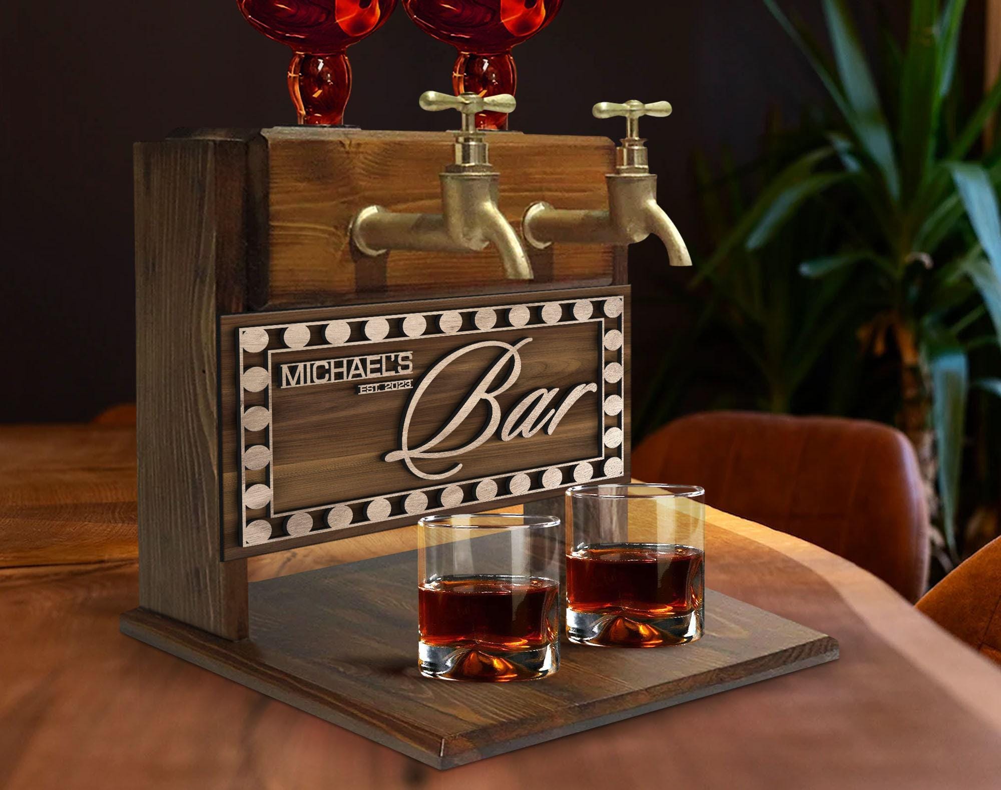 Personalized Embossed Named Wooden Double Faucet Whiskey Dispenser, Bar, Home Bar, Pub and Pub Shed, Wine, Vodka, Liquor Dispenser, Fountain