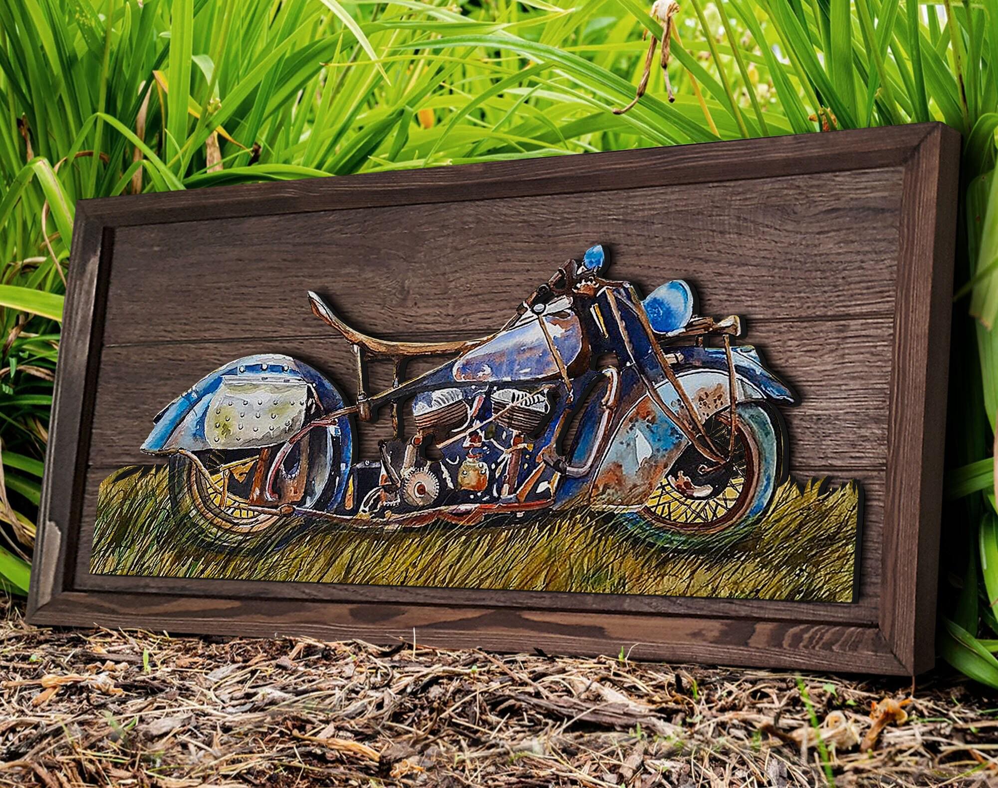 Handmade 3D Oak Tree Vintage Motorcycle Wood Painting, Custom Wood