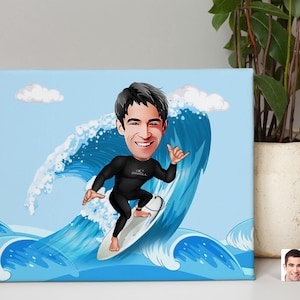 Personalized Surfer Caricature Drawing, Cartoon from Photo, Custom Surfing Portrait Drawing, Digital Art, Bobblehead, Gift for Him