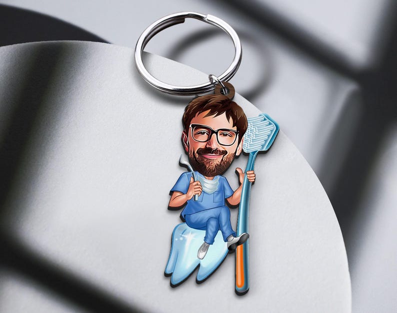 Keychain with Personalized Dentist Caricature, Gift for Him, Custom Cosbaby Key Chain, Boyfriend Gift, Cartoon Portrait, Bobblehead image 2