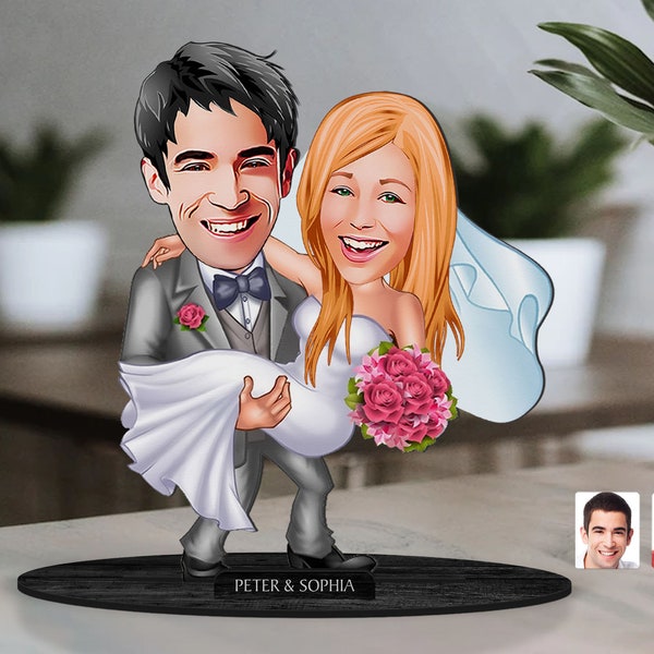 Figurine de mariage personnalisée en bois de dessin animé bibelot, portrait de dessin animé personnalisé juste marié, cadeau d’anniversaire, cadeau de Noël