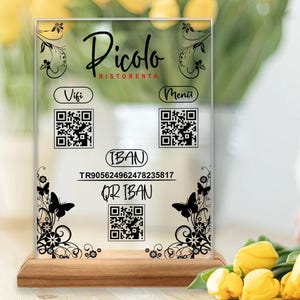 Placa de menu de código QR personalizada, placa de restaurante de madeira natural e acrílico personalizada, placa de código QR para café, mesa de código QR e decoração de mesa
