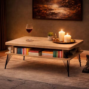 May include: A light wood coffee table with black metal legs, holding a glass of red wine, candles, and books. The table has a lower shelf with books and decorative items. The room has a warm, inviting atmosphere.