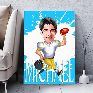 Arte murale personalizzata su tela con disegno di football americano, regalo di Natale, ritratto di football americano personalizzato, arredamento per la casa, regalo per lui