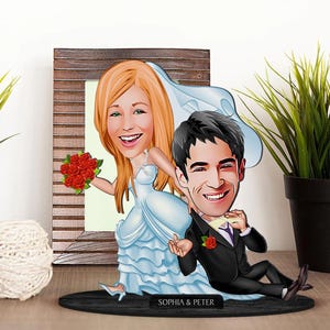 Gepersonaliseerde 3D houten tekenfilm bruiloft beeldje trinket, custom just Married cartoon portret, jubileumcadeau, kerstcadeau