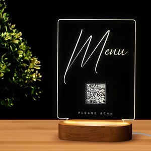 Custom LED Qr Code Menu Sign, LED Decor With Natural Wood Base ...