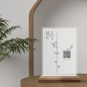 Placa de menu de código QR personalizada, placa de restaurante de madeira natural e acrílico personalizada, placa de código QR para café, mesa de código QR e decoração de mesa