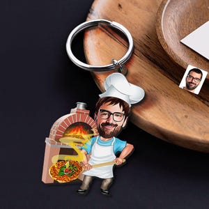 Sleutelhanger met gepersonaliseerde karikatuur pizzachef, cadeau voor hem, aangepaste cosbaby-sleutelhanger, verjaardagscadeau, cartoonportret, chef Bobblehead