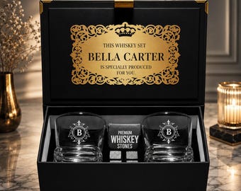 Personalized Whiskey Glass Gift Set | Custom Engraved Whiskey Glass with Stones & Coaster | Groomsmen, Birthday Gift for Men