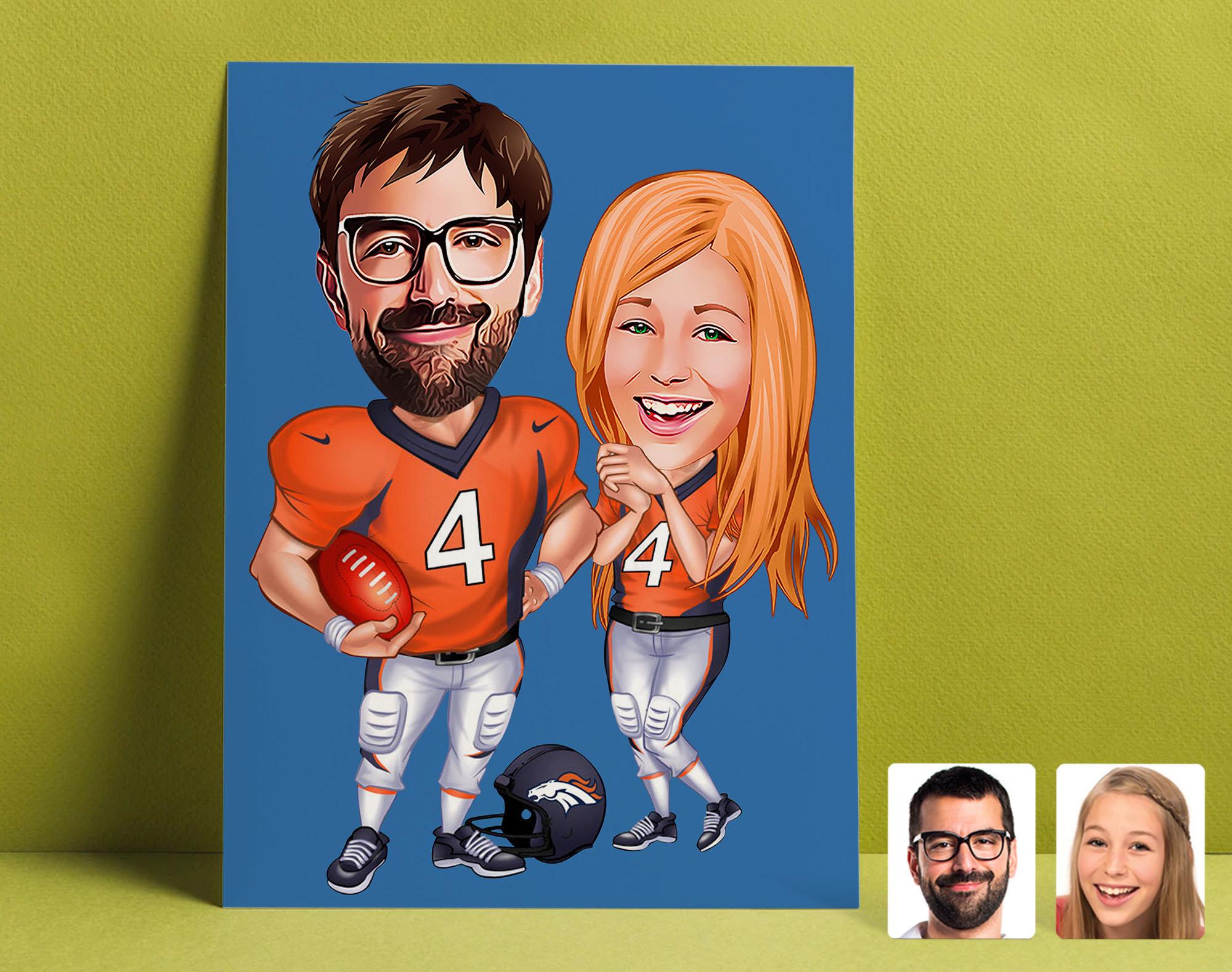 Personalized Family American Football Drawing, Couple Football Cartoon Drawing, American Football Drawing, Sports Gift, Family Gift
