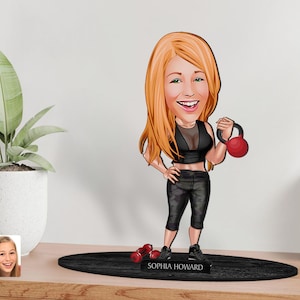 Personalized 3D Wooden Cartooned Fitness Trainer Figurine Trinket, Custom Cartoon Portrait, Birthday Gift, Christmas Gift, Gift for Her