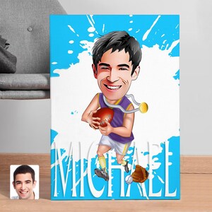 Arte murale personalizzata su tela con disegno di football americano, regalo di Natale, ritratto di football americano personalizzato, arredamento per la casa, regalo per lui