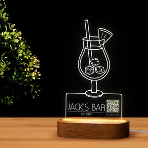 Custom LED Qr Code Menu Sign, LED Decor with Natural Wood Base, Personalized LED Night Light Decor, Bar Decor, Menu Sign, Led Light Decor