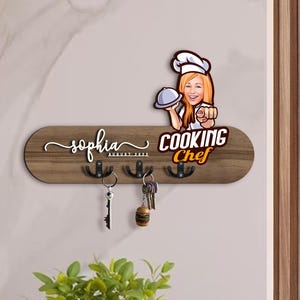 Gepersonaliseerde 3D houten halorganizer met cartoon kok, chef-kok cartoon, houten sleutelhouder, housewarmingcadeau, aangepaste karikatuur, kerstcadeau