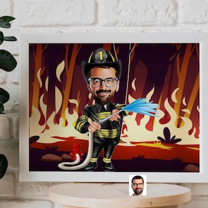 Personalized Fireman Caricature Drawing, Cartoon from Photo, Custom Fire Fighter Portrait Drawing, Digital Art, Bobblehead, Gift for Him