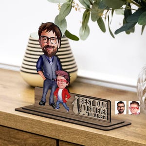Personalisierte 3D Holz geprägt Cartoon Vater und Sohn Figur Schmuckstück, benutzerdefinierte Cartoon Portrait, Vatertagsgeschenk, Wohnkultur, Geschenk für Papa