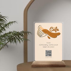 Placa de menu de código QR personalizada, placa de menu de bar de café de madeira natural e acrílico personalizada, placa de código QR para bar de café, mesa de código QR e decoração de mesa