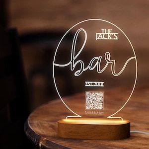 Custom LED Qr Code Menu Sign, LED Decor with Natural Wood Base, Personalized LED Night Light Decor, Bar Decor, Bar Sign, Led Light Decor