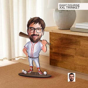 Gepersonaliseerde 3D houten cartoon honkbalspeler oversized beeldje trinket, karikatuur portret, cadeau voor hem, decor van het huis, verjaardagscadeau