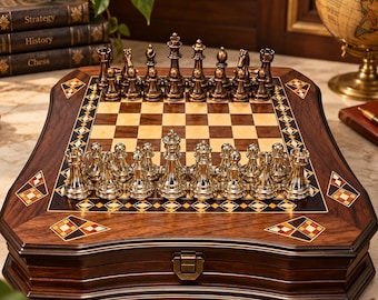 Handmade Wooden Chess Set, Rosewood Walnut Beech Board, Metal Pieces (32cm or 38cm)