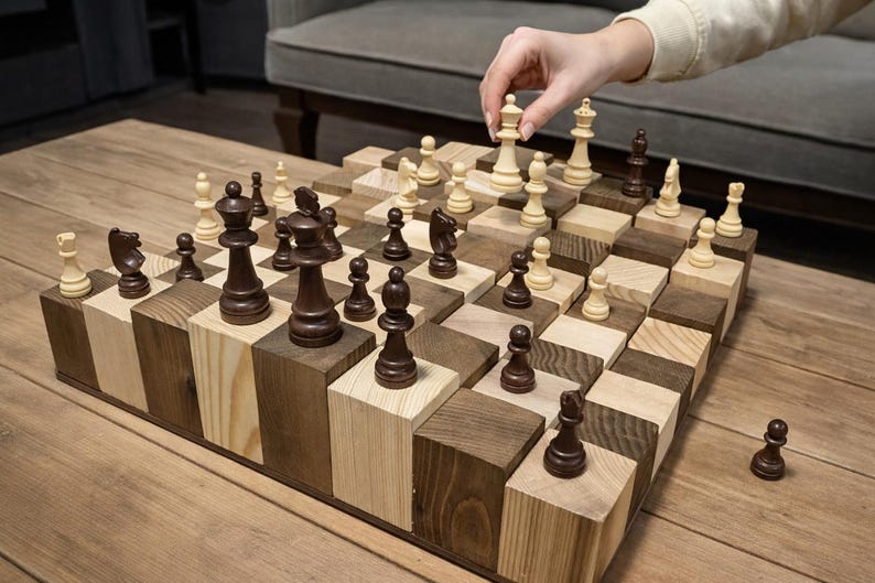 Puede incluir: Un juego de ajedrez de madera &uacute;nico con un dise&ntilde;o escalonado. Las piezas del ajedrez son de colores contrastantes, con tonos de madera claros y oscuros. Una mano coloca una pieza blanca en el tablero. El tablero est&aacute; sobre una mesa de madera.