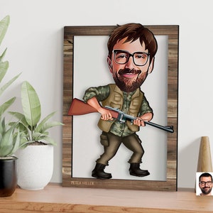 Spersonalizowana 3D drewniana rysunkowa sztuka ścienna z myśliwym, spersonalizowany portret myśliwego z kreskówki, prezent świąteczny, prezent dla taty, prezent dla niego