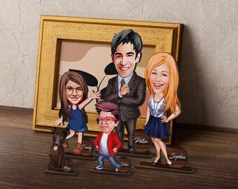 Juego de baratijas familiares de madera personalizadas con dibujos animados, muñecos familiares de madera, muñecos familiares con clavija, muñecos de foto, regalo familiar, regalo de Navidad