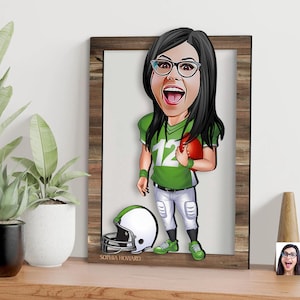 Personalized 3D Wooden Cartooned Girl American Football Player Wall Art, Custom Football Cartoon Portrait, Christmas Gift, Gift for Her
