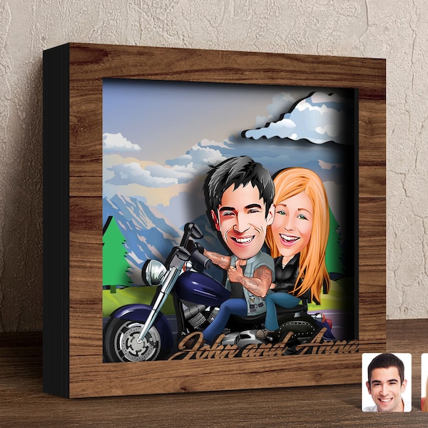 Personalized Motorcycle Couple 3D Handcrafted Seven Layered Wooden Shadow Box, Custom Cartoon Motorcycle 3D Shadow Box Frame, Laser Cut Art