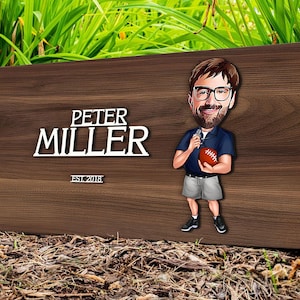 Personalized 3D Wooden Named Cartoon Football Coach Sign, Custom Caricature Portrait, Wall Art, Home Decor, Birthday Gift, Gift for Him