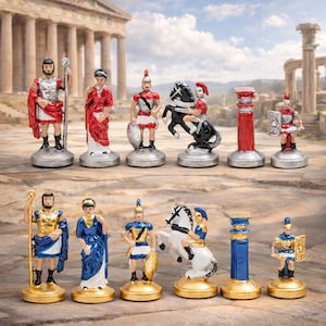 Hand Painted Roman Chess Set, Metal Chess Pieces with Wooden Board, Luxury Handmade Chess Set, Ancient Rome Theme Gift, Unique Artisan Chess