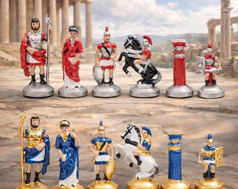 Juego de ajedrez romano pintado a mano, piezas de metal con tablero de madera, juego de ajedrez de lujo hecho a mano, regalo con temática de la Antigua Roma, ajedrez artesanal único.
