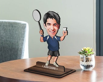 Personalized 3D Wooden Cartoon Badminton Figurine Trinket, Christmas Gift, Custom Cartoon Squash Portrait, Birthday Gift, Gift for Him