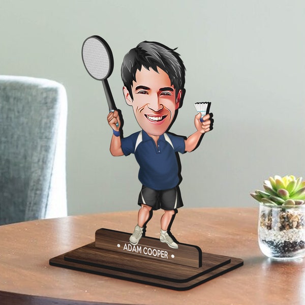 Personalisierte 3D Holz Cartoon Badminton Figur Schmuckstück, Weihnachtsgeschenk, benutzerdefinierte Cartoon Squash Portrait, Geburtstagsgeschenk, Geschenk für Ihn