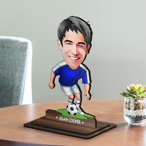 Gepersonaliseerde 3D houten cartoon voetbalbeeldje trinket, kerstcadeau, aangepaste cartoon voetballer portret, verjaardagscadeau, cadeau voor hem