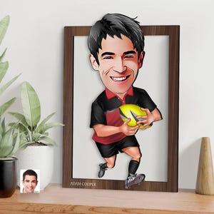 Arte murale personalizzata in 3D con cartone animato di football americano in legno, regalo di Natale, ritratto di cartone animato di football personalizzato, regalo di compleanno, regalo per lui