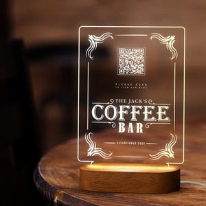 Custom LED Qr Code Menu Sign, LED Decor with Natural Wood Base, Personalized LED Night Light Decor, Coffee Bar Menu Sign, Coffee Shop Decor