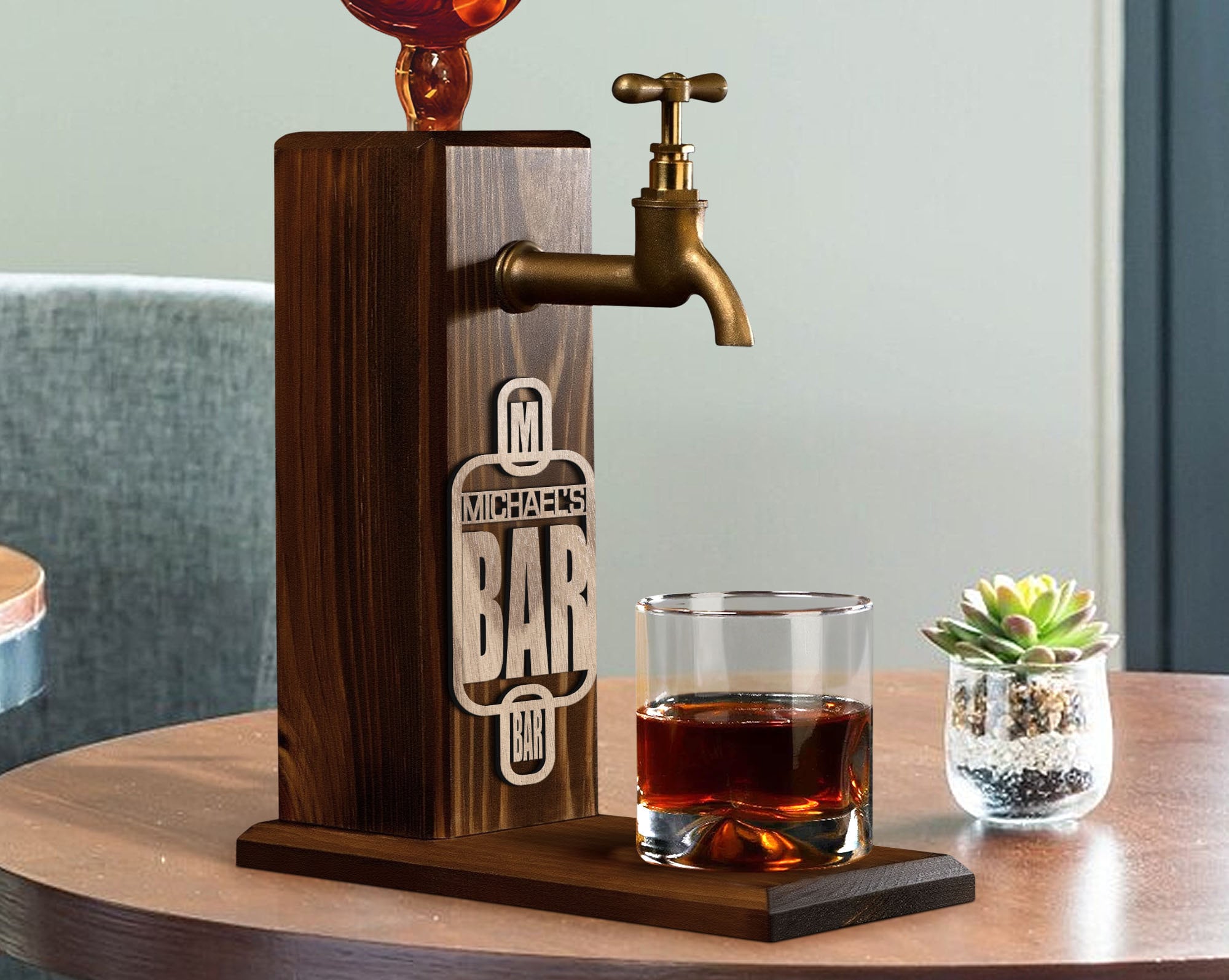 Personalized Embossed Named Wooden Whiskey Dispenser, Bar, Home