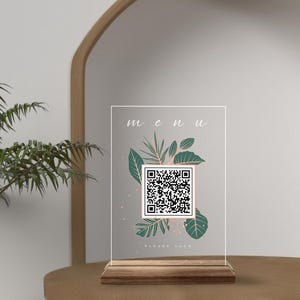 Placa de menu de código QR personalizada, placa de restaurante de madeira natural e acrílico personalizada, placa de código QR para café, mesa de código QR e decoração de mesa