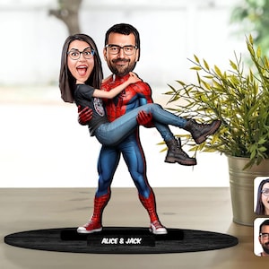 Personalisierte 3D Holz Cartooned Super Hero Paar Figur Schmuckstück, Benutzerdefinierte Cartoon Portrait, Geburtstagsgeschenk, Weihnachten, Jubiläumsgeschenk