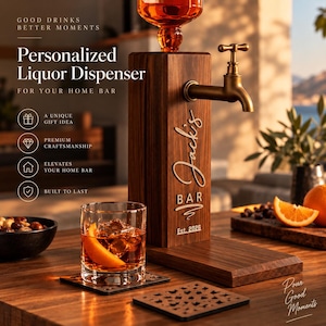 Personalized Whiskey Dispenser with Coasters, Custom Wooden Liquor Stand, Home Bar Accessory, Whiskey Lover Gift for Him