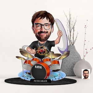 Estatueta de baterista de desenho animado de madeira 3D personalizada, retrato de timpanista de desenho animado personalizado, presente de aniversário, presente de Natal, presente para ele