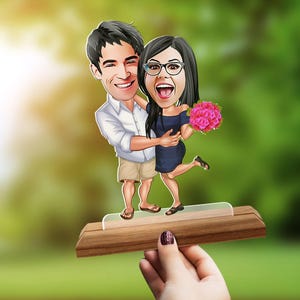 Aanpasbare 3D houten standaard cartoon-snuisterij, aangepaste cartoon portret paar, cadeau voor stel, familiecadeau, jubileumcadeau, kerstcadeau