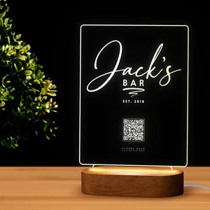 Custom LED Qr Code Menu Sign, LED Decor with Natural Wood Base, Personalized LED Night Light Decor, Bar Decor, Bar Sign, Cafe, Bar Qr Menu