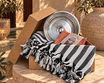Turkish Hammam Bath Set, Peshtemal Towel, Exfoliating Mitt, Spa Gift (3-Piece)