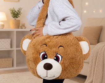 Cute Teddy Bear Plush Shoulder Bag | Soft Furry Crossbody Tote | Kawaii Plush Purse | Blue Pink Brown Cream Yellow Color Options