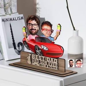 Gepersonaliseerde 3D houten cartoon reliëfbeeldje vader en zoon trinket, aangepast cartoonportret, Vaderdagcadeau, woondecoratie, cadeau voor papa
